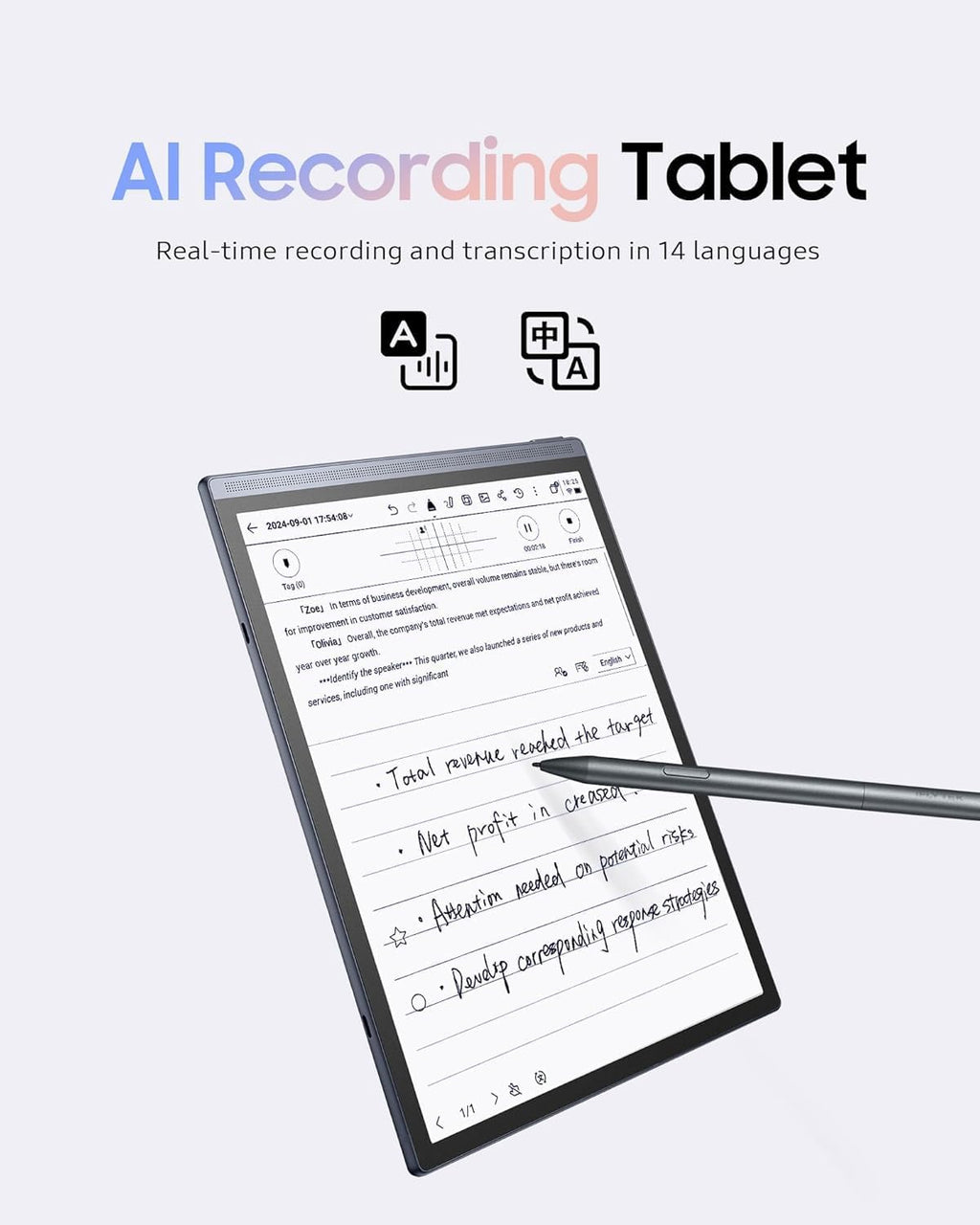 AINOTE Air 2 Ink Tablet with Stylus Pen, Voice-to-Text, Language Translation, Android System, Camera, WiFi & Bluetooth for Note Taking & Writing